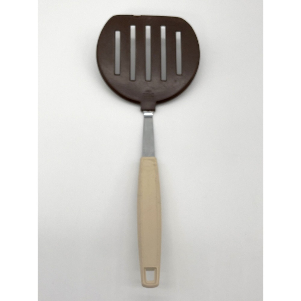 Vintage EKCO Slotted Spatula Turner Brown Nylon Tan Handle USA Kitchen Tool